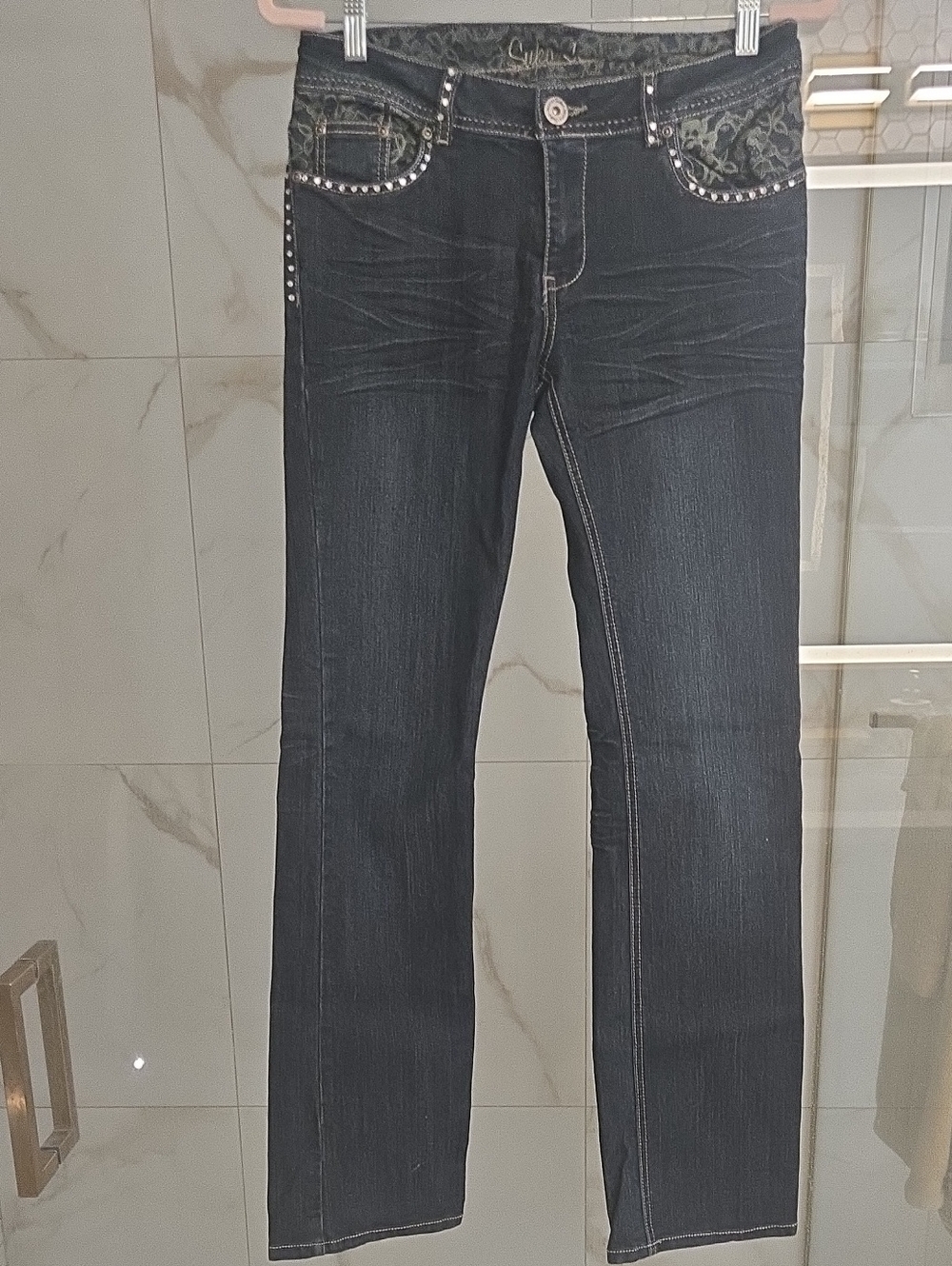 Vintage Suko Jeans Y2K Lace Overlay Rhinestone Jeans Size 6 GUC